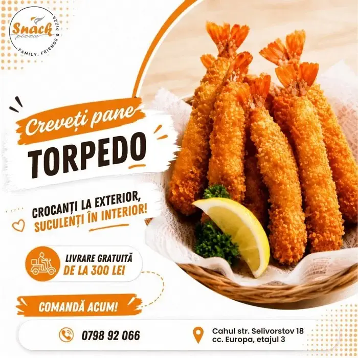 Meniu Snack Pizza Cahul -Creveți pane Torpedo